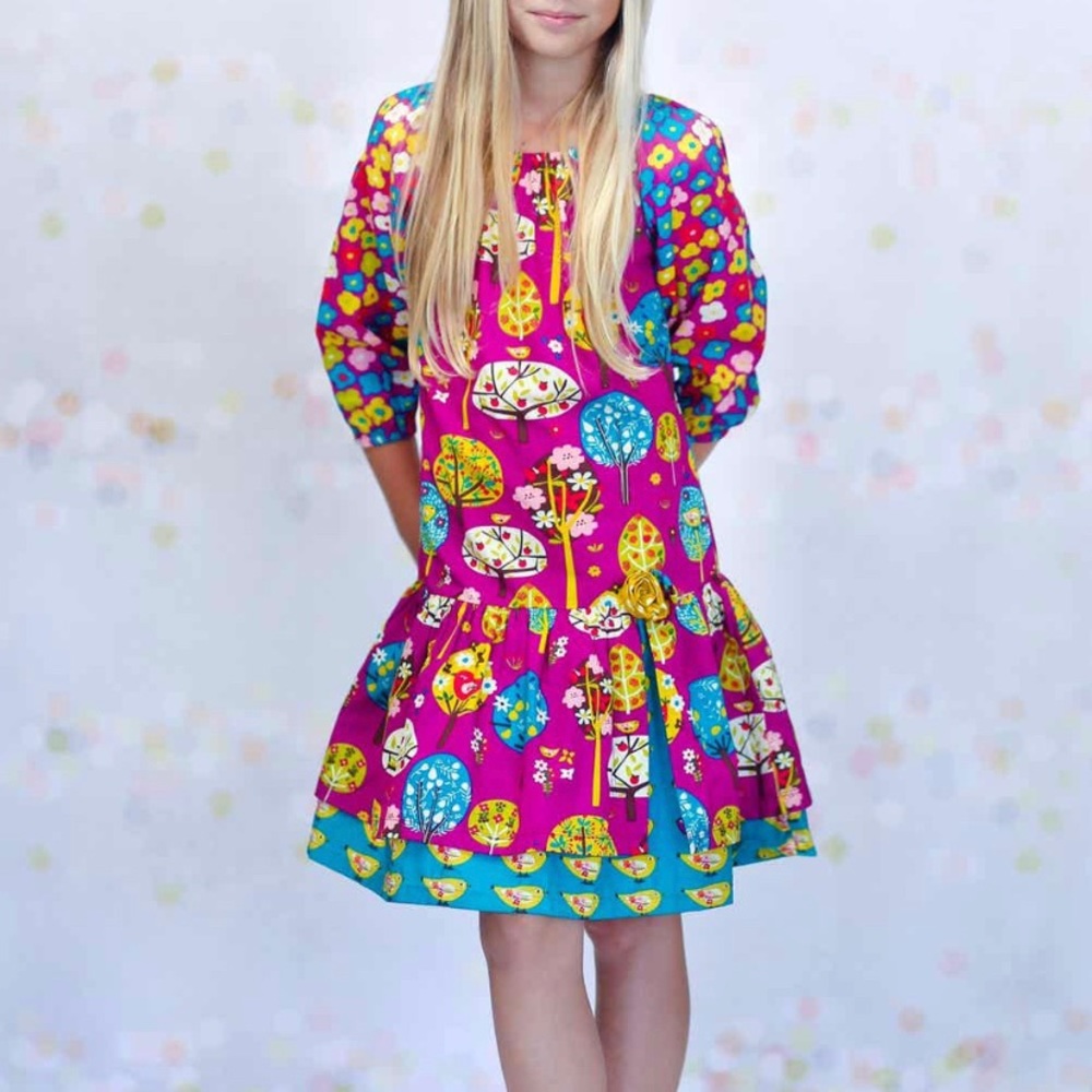 Colorful bird tree Jelly the pug dress